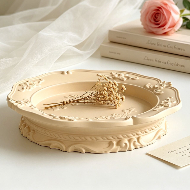 Coaster Mold Round - แม่พิมพ์ซิลิโคนลายลูกไม้บาโรกสไตล์วินเทจสุดหรู รูปทรงวงรี/วงกลม สำหรับทำถาดวางของตกแต่ง ถาดใส่เครื่องประดับ ถาดใส่สบู่/เทียนหอม ของขวัญสำหรับฤดูร้อน