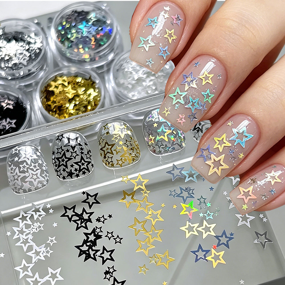 Gold Foil Flakes - กลิตเตอร์เล็บรูปดาวห้าแฉก 1 กระปุก สีดำ ทอง เงิน