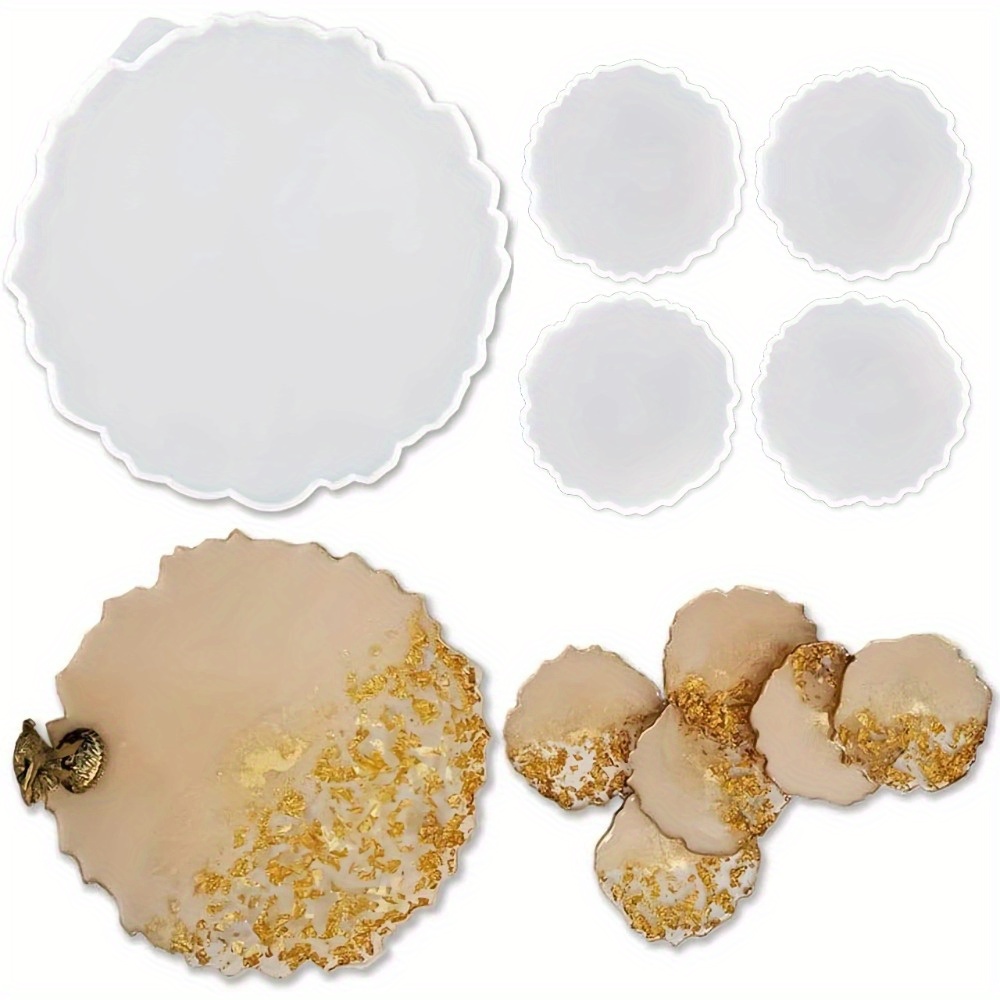 Geode Mold Silicone - ชุดแม่พิมพ์ซิลิโคนเรซินรูปทรงหยกอาเกตไม่สม่ำเสมอ, แม่พิมพ์ถาดเสิร์ฟขอบคลื่นขนาดใหญ่ 1 ชิ้น และแม่พิมพ์ที่รองแก้วขนาดเล็ก 4